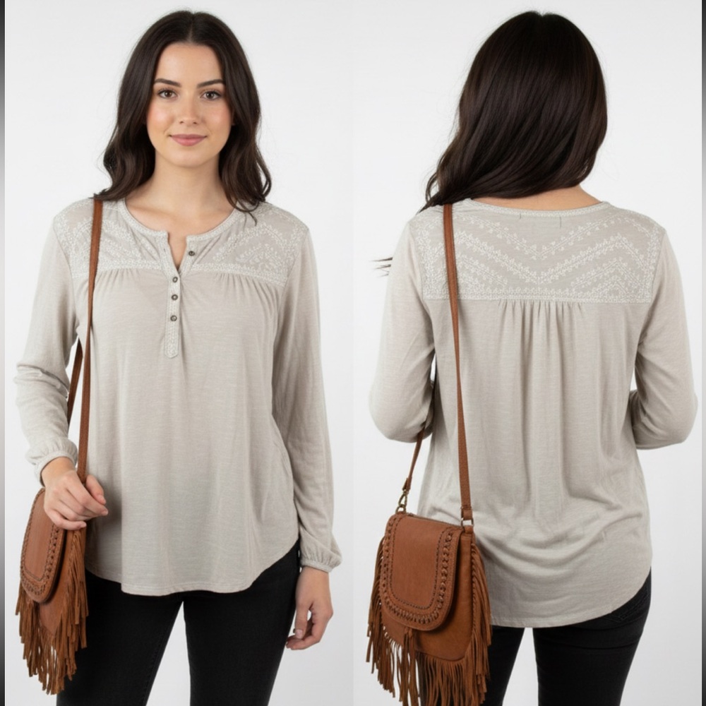 Lucky Brand Women's Tan Embroidered Henley Blouse